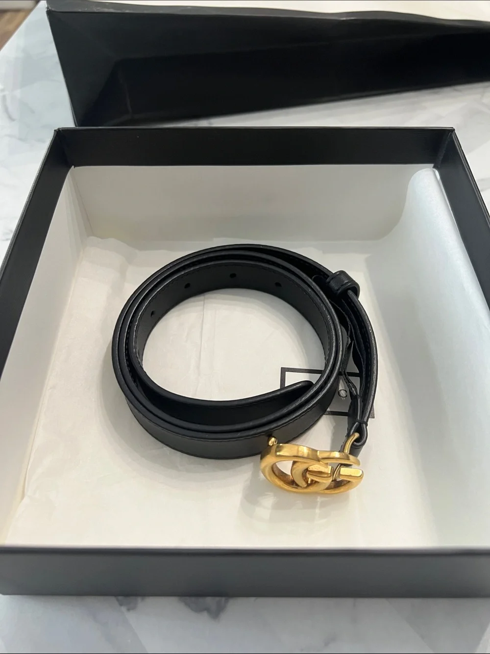 Gucci Black Leather Belt with Gold Double G Interlocking Buckle